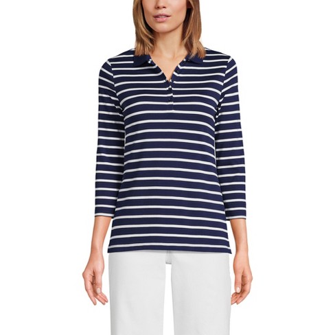 Lands' End Women's Supima Cotton Polo - Large - Deep Sea Navy Breton ...