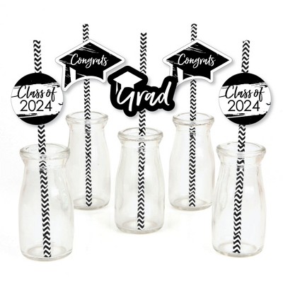 Big Dot of Happiness Black and White 2024 Graduation Paper Straw Decor - Party Striped Decorative Straws - Set of 24