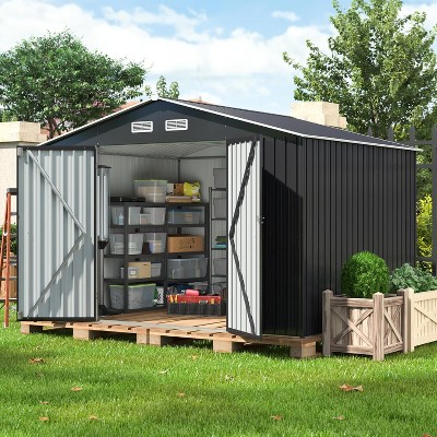 Sandinrayli 10 ft. W x 8 ft. D Outdoor Storage Metal Shed Building Garden Tool Shed with Lockable Doors, Dark Gray (80 sq. ft.)
