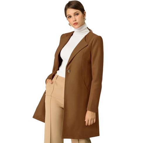Allegra K Women's Mid-thigh Collarless Single Breasted Outwear Winter  Overcoat Brown Small