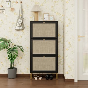 SKRAN Freestanding Rattan Shoe Cabinet, Narrow Hidden Shoe Storage Rack with 3 Flip Drawers for Entryway, Living Room and Porch - 1 of 4