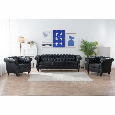 VYNXARIA 3 Piece Configurable Living Room Set,BLACK PU Rolled Arm Chesterfield Three Seater Sofa