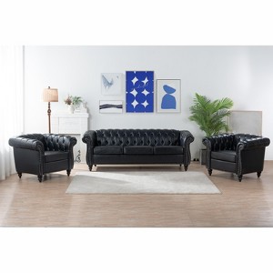 VYNXARIA 3 Piece Configurable Living Room Set,BLACK PU Rolled Arm Chesterfield Three Seater Sofa - 1 of 4