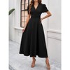 Womens High Waisted V Neck Summer Dress Puff Short Sleeve Casual A Line Flowy Maxi Dress - 3 of 4