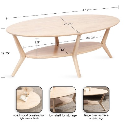 Natural Wood Oval Coffee Table with Storage and Sculptured Legs