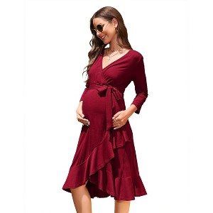 Women's Maternity Summer Bodycon Short Sleeve Mini Dress and Ruffle V-Neck 3/4 Sleeve Midi Dress - 1 of 4