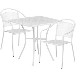 Flash Furniture Oia Commercial Grade 28" Square White Indoor-Outdoor Steel Patio Table Set with 2 Round Back Chairs - 1 of 4