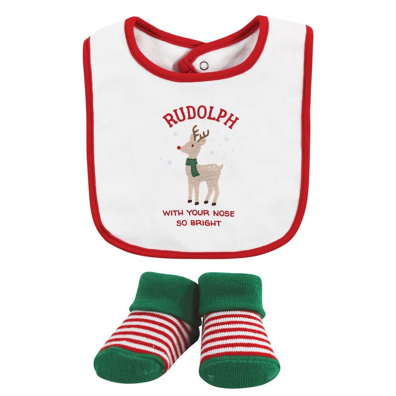 Hudson Baby Unisex Baby Cotton Bib and Sock Set, Rudolph, One Size, 3 of 6