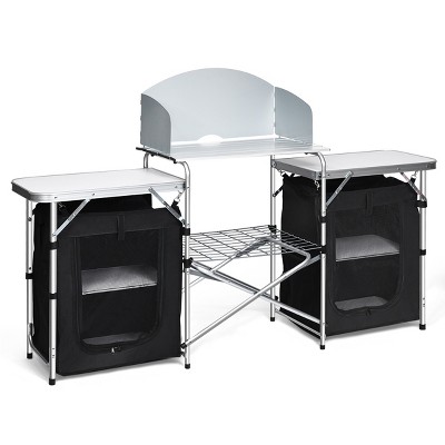 Tangkula Portable Camping Kitchen Table Aluminum Fold-Up Camping Kitchen with Windscreen for BBQ, Picnic, Party  Gray/Black