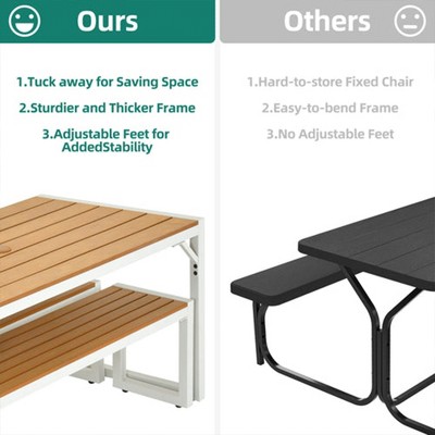 White Faux Wood Outdoor Dining Table Set for 4-6 People