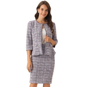 INSPIRE CHIC Women's Tweed Business Button Down 3/4 Sleeve Jacket Pencil Skirt Suit 2-Piece Set - 1 of 4