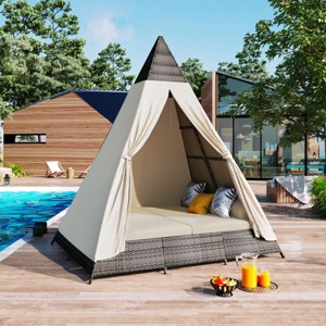 Outdoor Wicker Canopy Daybed,Patio Sunbed with Cushion And Triangle Tent Frame,All Weather Wicker Swimming Pool Daybed-Cuddlewood - 1 of 4