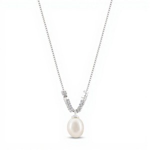 Anna-Kaci Women's Elegant Drop Pendant Necklace with Simulated Pearl and Polished Bead Chain - Silver - 1 of 4