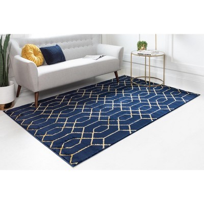 Navy Blue and Gold Trellis Synthetic Rectangular Rug