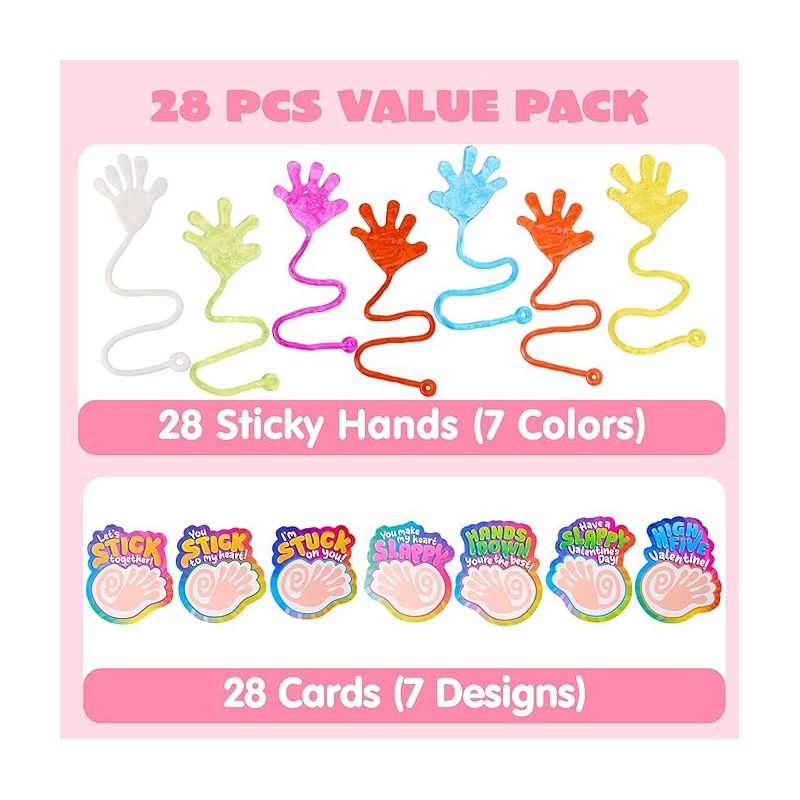 Syncfun 28 Pack Valentine's Day Sticky Hands with Cards, Classroom Exchange Gift for Kids, Classroom and Holiday Reward Prizes, 2 of 8
