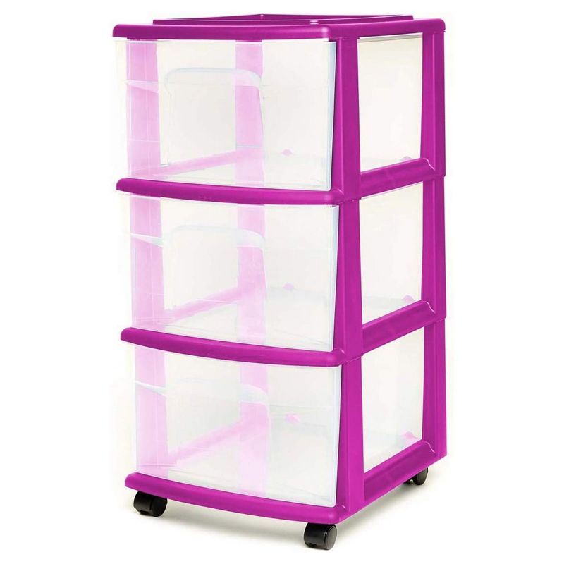 Homz Clear Plastic 3 Drawer Medium Home Organization Storage Container Tower with 3 Large Drawers and Removeable Caster Wheels, Purple Frame (2 Pack), 2 of 7