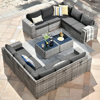 XIZZI 12 Pieces Wicker Furniture Set, Sectional Sofa Set with Wide Armrest and Deep Seat, Rattan Modular Conversation Set for Backyard Garden