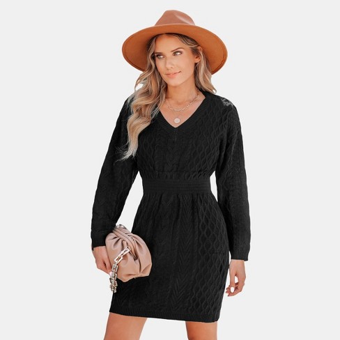 Black Sweater Dress - V Neck Sweater Dress - Black Chunky Knit Dress