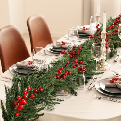LOVMOR Lighted Christmas Pine Garland,Pine Garland Realistic,Decorated w/Pine Cones, Red Berries and Frosted White Accents