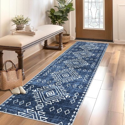 Machine Washable Low Pile Rug - Non-Slip Vintage Geometric Design for Living Room, Bedroom, Dining Room