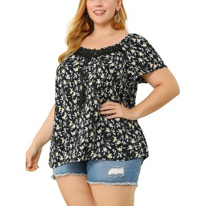Agnes Orinda Women's Plus Size Floral Printed Tie Neck Short Sleeve Beach Square Hollow Tassel Peasant Tops - 1 of 4
