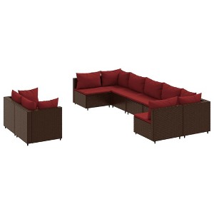 vidaXL - 9 Piece Brown Poly Rattan Patio Sofa Set with Cinnamon Red Cushions - Outdoor/Garden Lounge - 1 of 4
