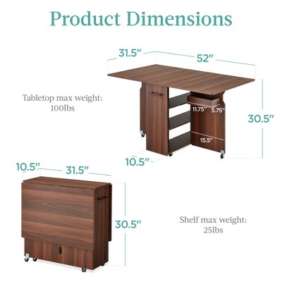 Brown Multipurpose Folding Table with Wheels and Storage Shelves