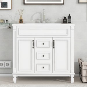 FAMYYT 36 in. Single Sink Freestanding White Bath Vanity with White Ceramic Top, Adjustable Shelf, 2-Drawers - 1 of 4