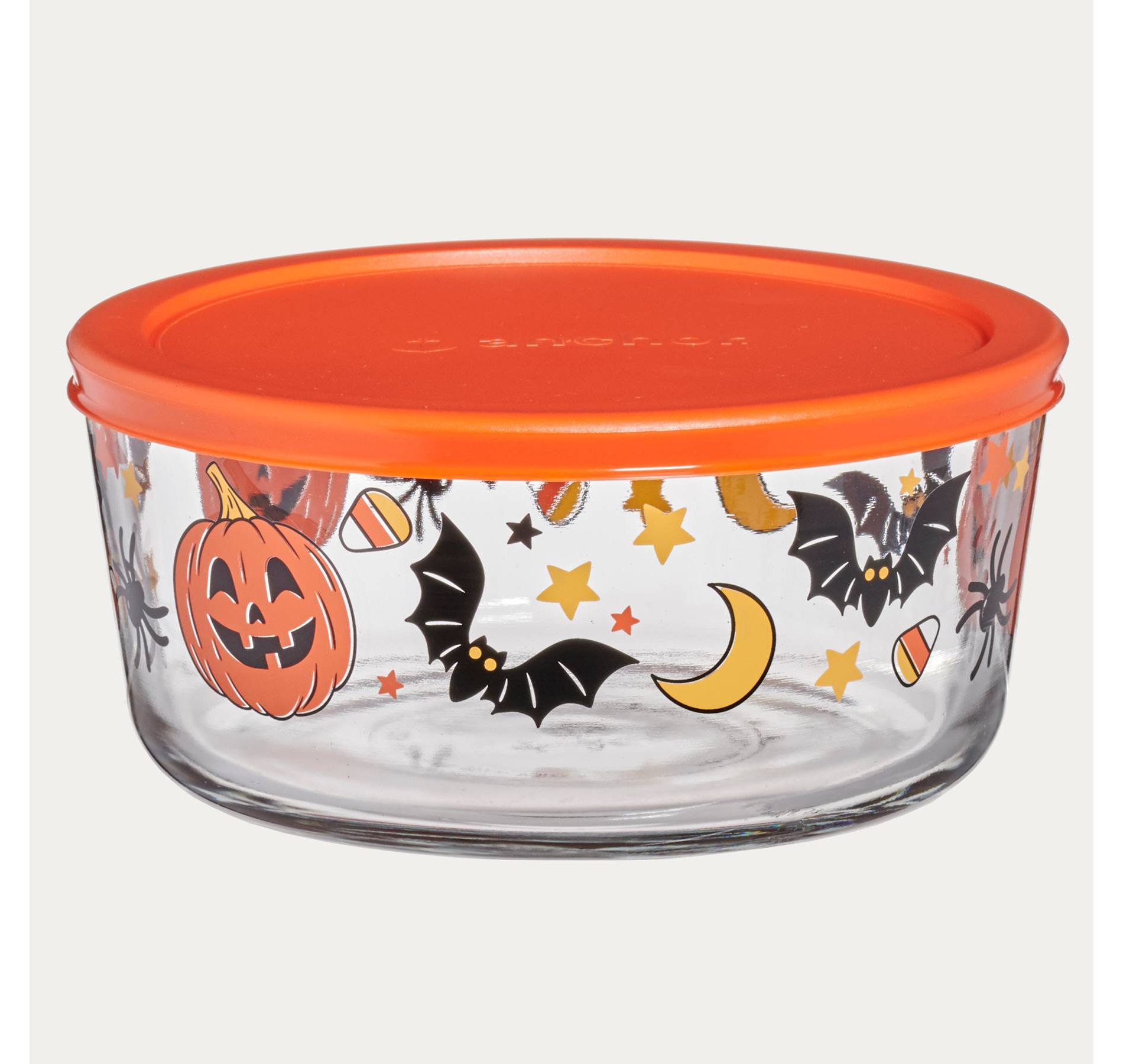 Anchor 7c Pumpkins Bats Spiders Glass Food Storage Container
