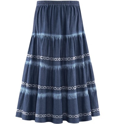 Collections Etc Stylish Denim Smocked Tiered Bleached Details Elasticized Waist Skirt