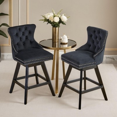 Velvet Swivel Bar Stool Set of 2,Counter Height Upholstered Rotating Barstools with Wood Legs,Footrest,Chrome Nailhead - Leovsnove