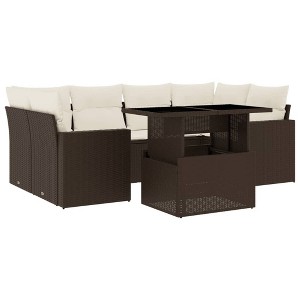 vidaXL Patio Sofa Set with Cushions Outdoor Furniture 7 Piece Poly Rattan - Brown and Cream without Storage - 1 of 4