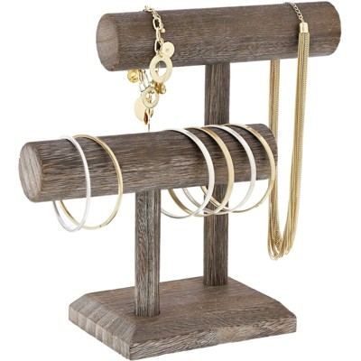 Bright Creations Rustic 2-Tier Jewelry Stand Organizer, Wooden T-Bar Necklace and Bracelet Holder for Accessories, 8 x 4 x 9 in