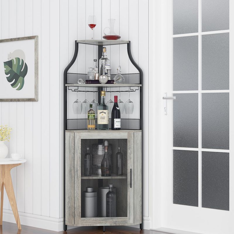 Whizmax Corner Wine Bar Cabinet with Detachable Wine Rack, Bar Cabinet with Glass Holder, Small Sideboard and Buffet Cabinet with Mesh Door, 2 of 8