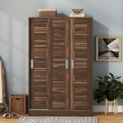 Whisen Wood 3-Door Shutter Wardrobe Armoire with Hanging Rail and Storage Shelves