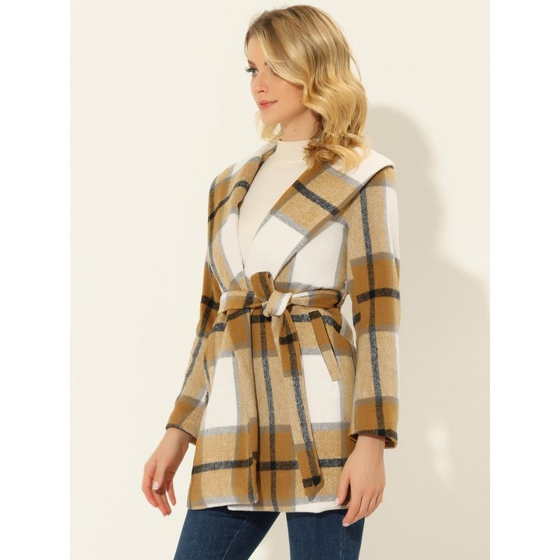 Allegra K Women's Shawl Collar Check Belted Wrap Plaid Coat with Pockets, 3 of 6