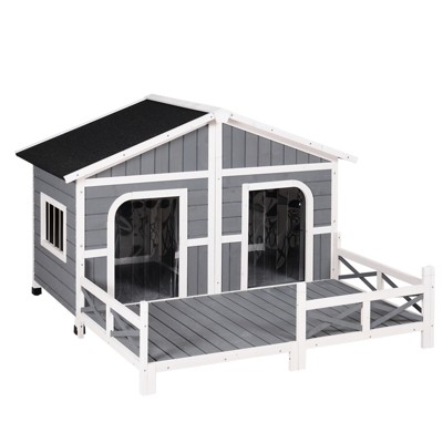 PawHut 59"x64"x39" Wood Large Dog House Cabin Style Elevated Pet Shelter w/Porch Deck