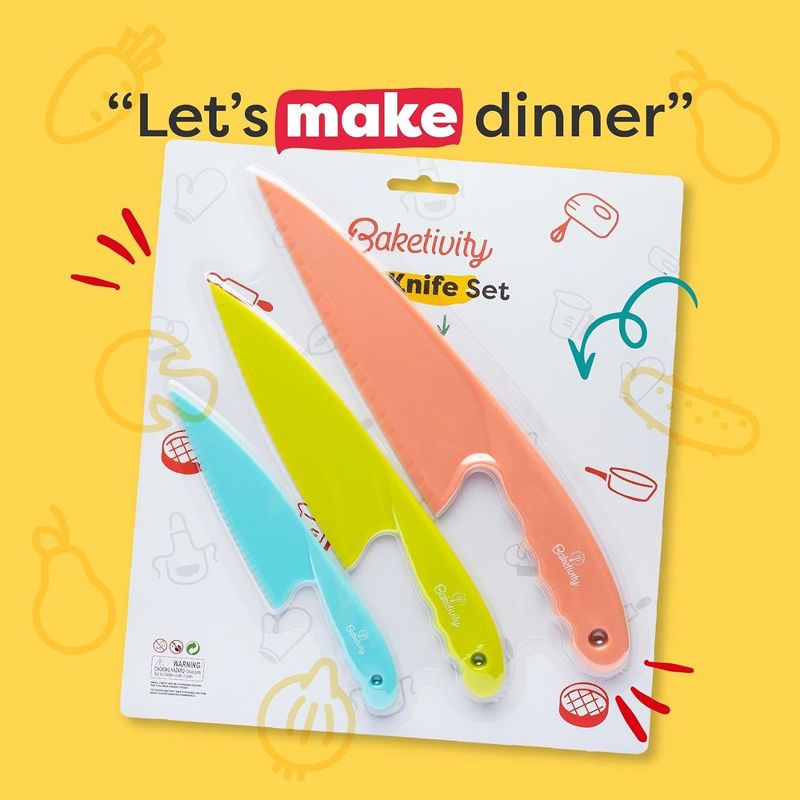 Baketivity 3 Piece Kids Knife Set | Plastic Kids Safe Knives for Kitchen | Dishwasher Safe, Kid Friendly Safe Knives Set for Cutting Fruits, Veggies, 2 of 10