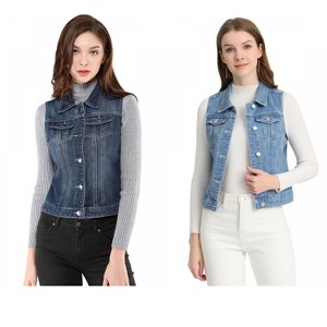 INSPIRE CHIC Women's Buttoned Washed Denim Vest with Faux Chest Flap Pockets 2 Packs - 1 of 4