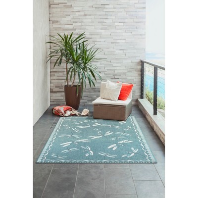 Aqua and White Flatwoven Dragonfly Rectangular Area Rug