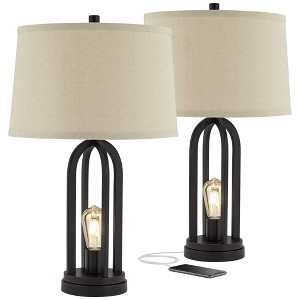 360 Lighting Marcel Industrial Table Lamps 24 1/4" High Set of 2 Black with LED Nightlight USB Port Natural Shade for Bedroom Living Room House Desk - 1 of 4