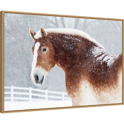 Snowy Draft Horse Framed Canvas Wall Art