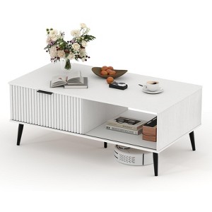 41.34" Farmhouse Coffee Table, 2-Tier Modern Center Table w/Sliding Wave Door, Large Storage Shelf, Wood Table for Living Room, Bedroom - 1 of 4