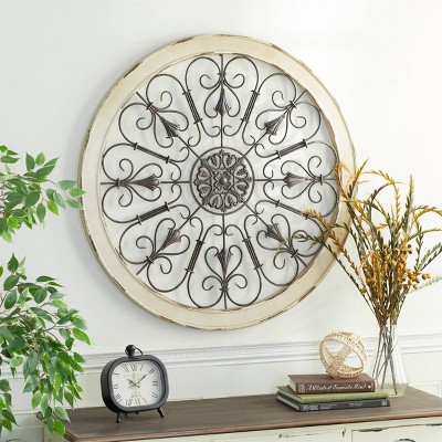 White Distressed Wood and Iron Scroll Wall Decor, 36" Round