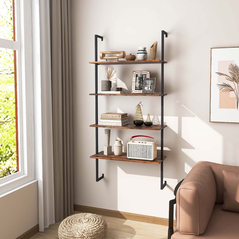Costway 4-Tier Ladder Shelf Bookshelf Industrial Wall Shelf w/Metal Frame Rustic Brown, 4 of 11