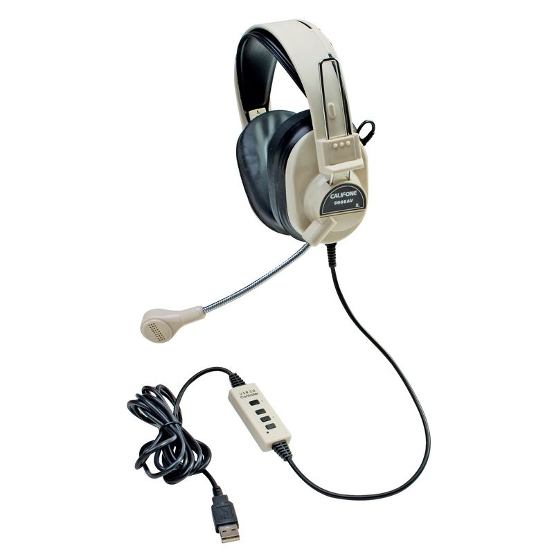 Califone 3066-USB Deluxe Over-Ear Stereo Headset with Gooseneck Microphone, USB Plug, Beige, 1 of 2