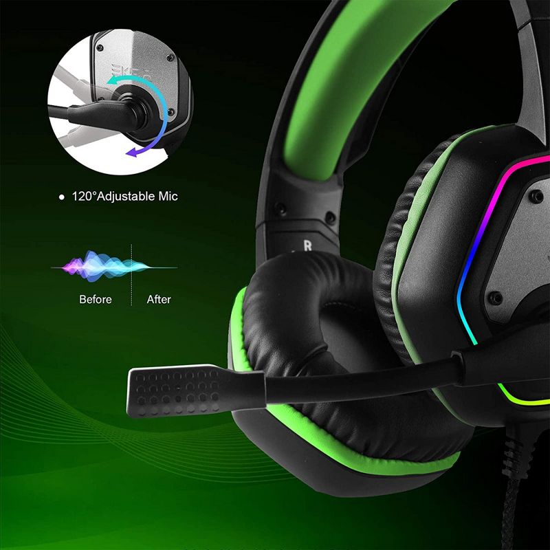 EKSA RGB LED Lit Plug In USB Gaming Headset for PC, Xbox, iMac, PS4, and PS5 with Flip Up Microphone and 50mm Speaker Driver, Green, 5 of 7