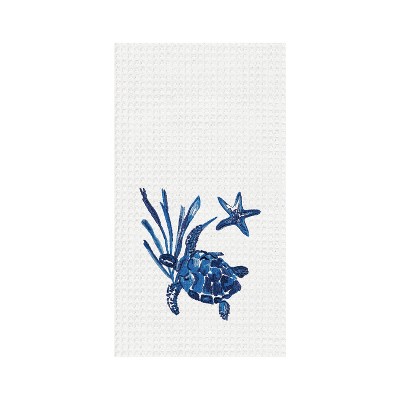 C&F Home Blue Turtle With Starfish Embroidered Waffle Weave Kitchen Towel