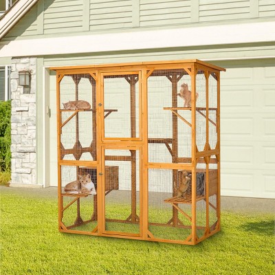 LAOTIES 72" Large Outdoor Wooden Catio,Weatherproof Cat House With Roof,With 3 Platforms,2 Sleeping Houses,Yellow