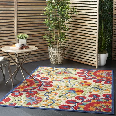 Festive Floral Red Synthetic 63" Outdoor Rug